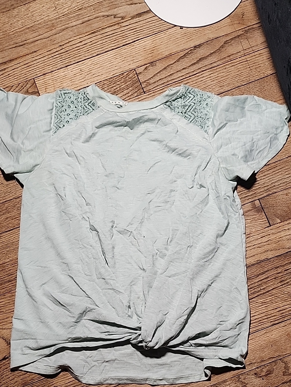 Rewind Mint Green Short Sleeve Knit Top with Lace Shoulders and Front Tie